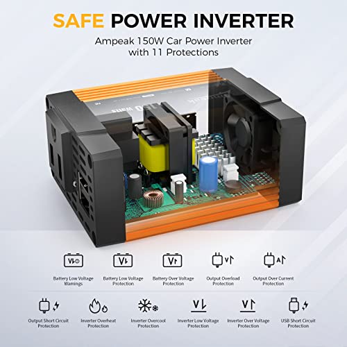Ampeak PRO 150W Car Power Inverter 11 Safe Protections DC 12V to AC 110V Car Converter 4.8A Dual USB Ports Cigarette Lighter Adapter