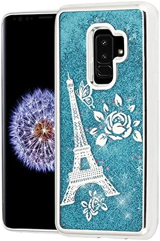 Samsung Galaxy S9 Plus Case, JoJoGoldStar Liquid Glitter Design Slim Fit Polycarbonate TPU Soft Cover - Teal Eiffel Tower