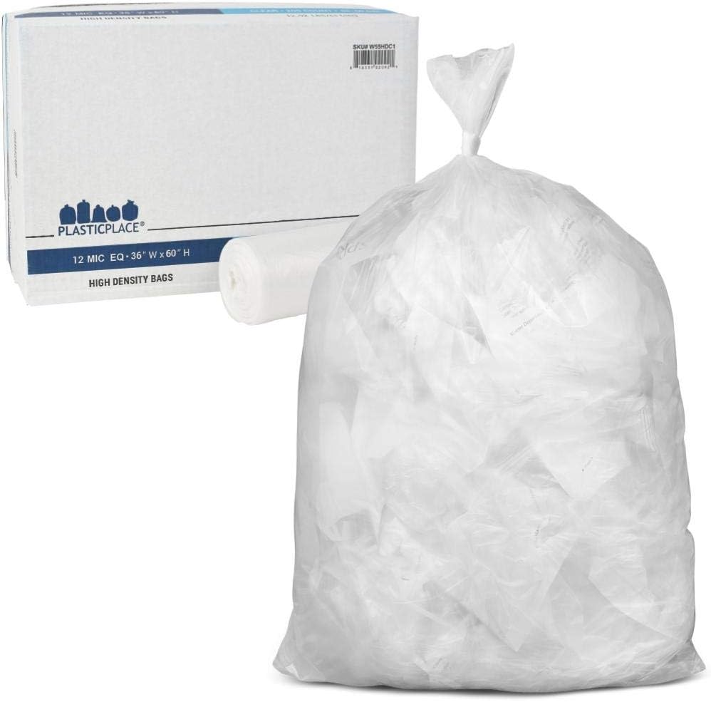 Plasticplace 55-60 gallon Trash Bags ¦ 12 Microns ¦ Clear High Density Garbage Can Liners ¦ 36” x 60” (200Count)