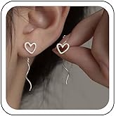 Zeshimb Long Curve Tassel Dangle Earrings Silver Wave Linear Earrings Hollow Heart Threader Fringe Earrings Ear Line Love Heart Stud Earrings Party Prom Jewelry for Women