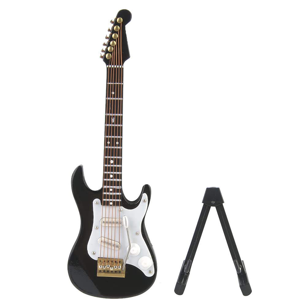 14cm Delicate Wooden Mini Electric Guitar Model with Stand Display Decoration Home Coffee House Ornament (black)