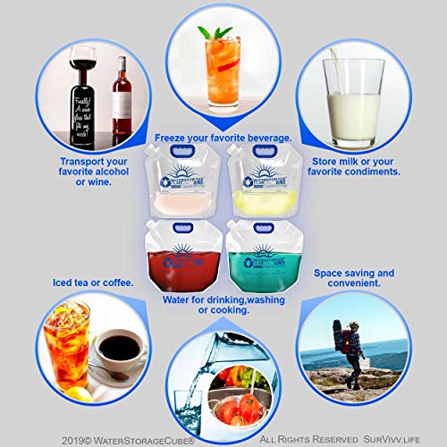 WaterStorageCube Premium Collapsible Water Container Bag, BPA Free Food Grade Clear Plastic Storage Jug for Camping Hiking Backpack Emergency, No-Leak Freezable Foldable Water Bottle 1.3 Gallon 10Pack