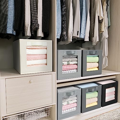 DIMJ Foldable Storage Boxes with Transparent Window Fabric Collapsible Storage Bin Basket with Handle for Wardrobe, Closet, Shelves Organiser (3 Pieces)