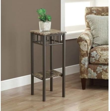 Center Console Table, Small Accent, WIth Lower Shelf,Cappuccino Marble / Bronze Metal