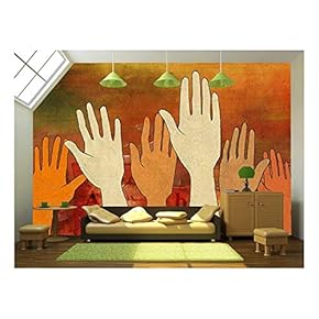 Illustration - Group of Raised Hands Over a Colorful and Textured Background. Digital Illustration. - Removable Wall Mural | Self-Adhesive Large Wallpaper - 66x96 inches