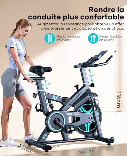 TOPUTURE Apartment Bike, LCD Display and APP Compatible, 100 Adjustable Resistance, Silent Indoor Bike with Damping System, Heart Rate, Capacity 160kg
