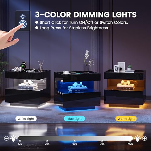 Modern Night Stand with 2 Drawers, Bedside Table with Charger Station, LED Nightstand with Lights & Human Sensor, Smart End Table for Bedroom, Black