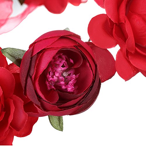 June Bloomy Women Rose Floral Crown Hair Wreath Leave Flower Headband with Adjustable Ribbon (Red)