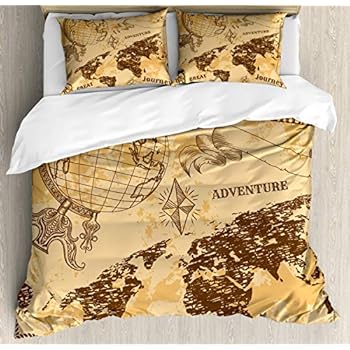 Ambesonne Steampunk Duvet Cover Set, Pattern with Abstract World Map Rope Knots Sketch Adventure Theme, Decorative 3 Piece Bedding Set with 2 Pillow Shams, King Size, Brown Orange