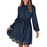 CUPSHE Women Fall Dresses Scallop Trim Cutout Smocked Mock Neck Tie Waist Long Sleeve A Line Flowy Mini Dress