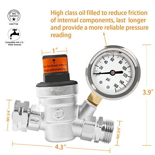 PANGOLIN Water Pressure Regulator Valve with 160 PSI Gauge and Inlet