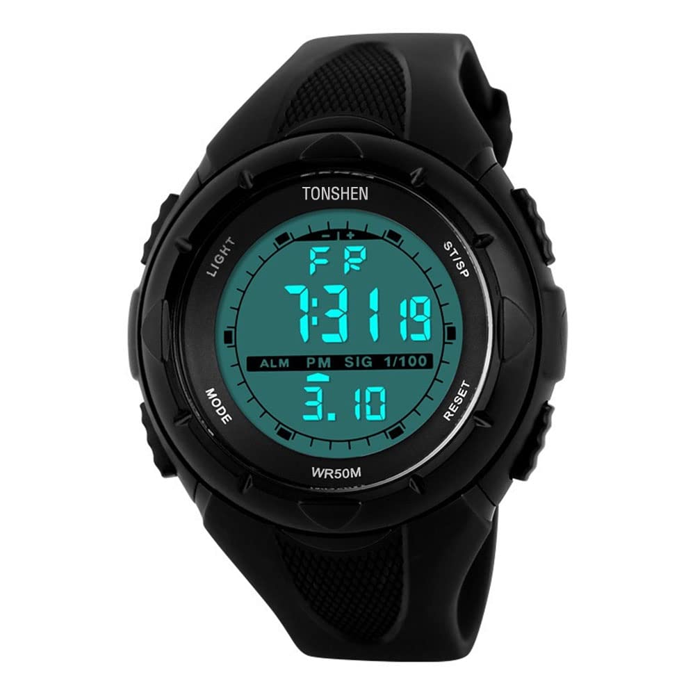 TONSHEN Waterproof Outdoor Sports Digital Watches for Women Student and Children, LED Electronic 50M Water Resistant Plastic Backlight Stopwatch Date Alarm Multifunction Wrist Watches (Black)