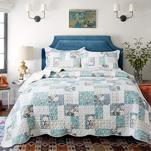 Drimbringer Quilting Supplies Hawaiian Bedspreads 100% Cotton Microfiber Fabric Full Patchwork Pattern Printed Quilt Matlesse Bed Coverlet Set (Baby Blue, Single 68''86''+20''26''x1)