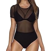 MANGOPOP Women's Mesh Bodysuit Sheer Geo Print Short Sleeve Long Sleeve Body Suit Sexy See Through Shirt Tops