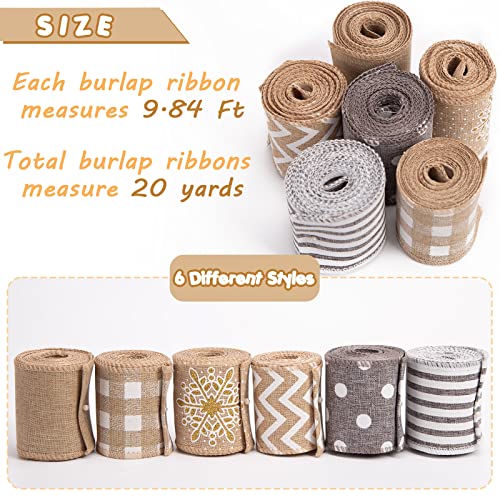 VGOODALL Burlap Ribbons, 6 Rolls Jute Ribbons Christmas Ribbons Wired Ribbons 20 Yards for Crafts Gift Wrapping Decor