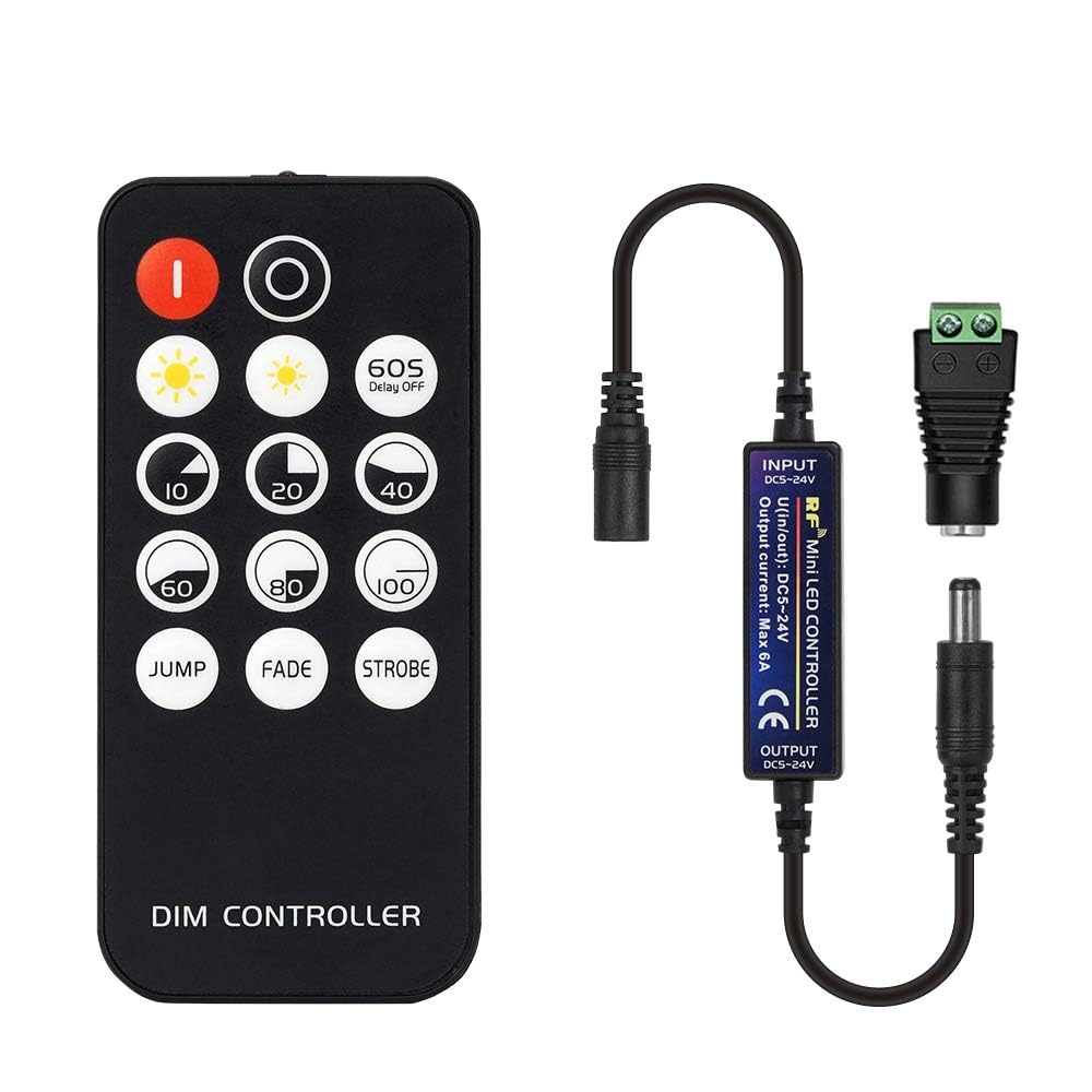 BTF-LIGHTING Mini RF Controller 14 Keys for FCOB 3014 5630 5730 3528 LED Strips DC5V/DC12V/DC24V Dimmer Switch Brightness Mode Effect Mode Wireless LED Dimmer Controller(Single Color)