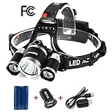 Mifine LED Headlamp - 4 Modes Ultra-Bright Outdoor Headlight with Rechargeable Batteries, Dual-port Car Charger, Wall Charger and Dedicated USB Cable