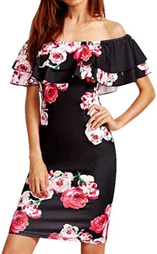 Srogem Womens Dress Women's Floral Print Off-Shoulder Layer Ruffle Bodycon Party Club Midi Sexy Dress (S, Black)
