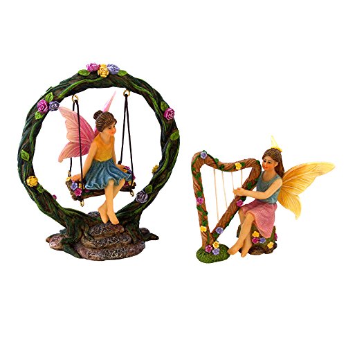 Pretmanns Fairy Garden Accessories Kit – 2 Miniature Fairy Figurines & Swing Set – 4 Pieces