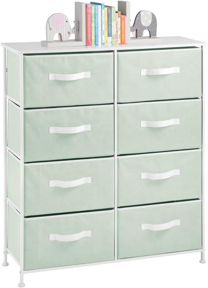 mDesign 8-Drawer Furniture Storage Tower - Sturdy Steel Frame, Easy Pull Fabric Bins - Organizer Unit for Kid's Bedrooms, Playrooms, Nurseries - Mint/White: Furniture & Decor