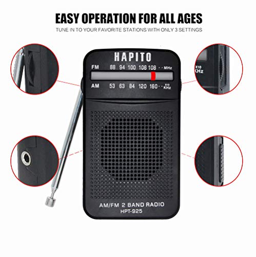 Portable Pocket Transistor Radio Battery Operated AM/FM Radio - Best Reception, Longest Lasting, Built-in Speaker and Mono Headphone Socket for Walking Hiking Camping (Black)