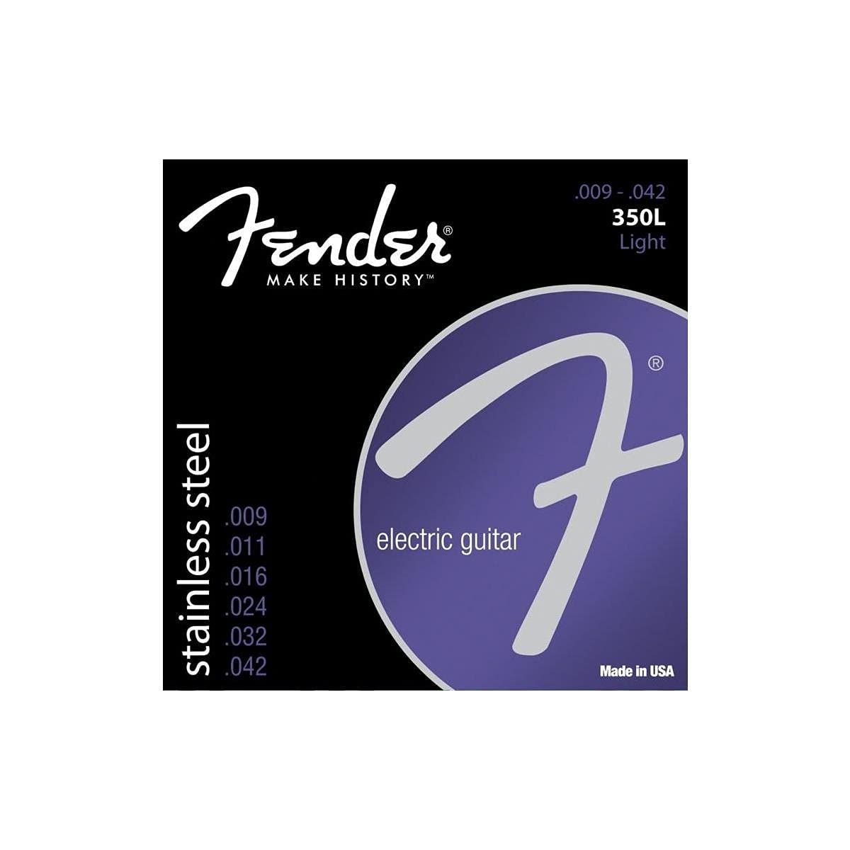 Fender Stainless 350's Guitar Strings, Stainless Steel, Ball End, 350L Gauges .009-.042, (6)