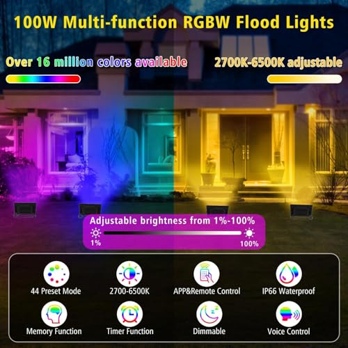 NATPOW RGB LED Spotlight, Outdoor LED Light 100 W LED RGB Projector Light with Bluetooth APP and Remote Control, IP66 Waterproof Colour-Changing Floodlight for Gardens, Patios (Set of 2)