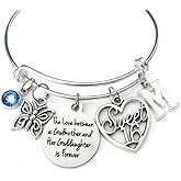 Sweet 16 Goddaughter Gift from Godmother Charm Bracelet, Personalized Birthstone Initial Silver Expandable Bangle, 16th Birthday Jewelry for Her