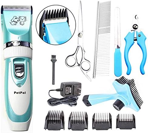 PetPal Low Noise Rechargeable Cordless Pet Dogs and Cats Electric Clippers Full Grooming Trimming Kit Set (Blue)