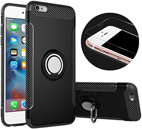 iPhone 6 Phone Case &amp; Tempered Glass Screen Protector,RP Ben Multi-function Car Holder Stand Magnetic Suction Bracket Finger Ring TPU + PC Cover Case for iPhone 6 6S(Black)