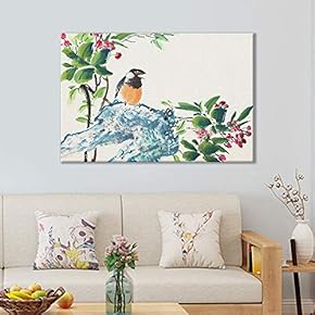 Canvas Wall Art of Bird Perched with Flowers Oriental Style | 12x18 inches