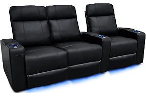 VALENCIA THEATER SEATING Valencia Piacenza Home Theater Seating | Premium Top Grain Nappa 9000 Leather, Power Recliner, Power Headrest, LED Lighting (Row of 3 Loveseat Left, Black)