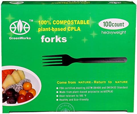 GreenWorks 100% Compostable CPLA Disposable Forks, 100 Count Heavyweight Biodegradable Bio-Based Plastic Fork