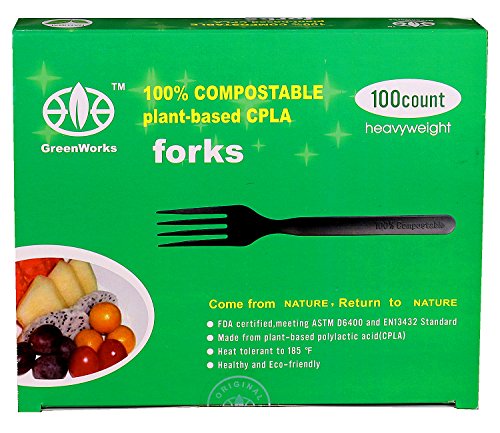 GreenWorks 100% Compostable CPLA Disposable Forks, 100 Count Heavyweight Biodegradable Bio-Based Plastic Fork