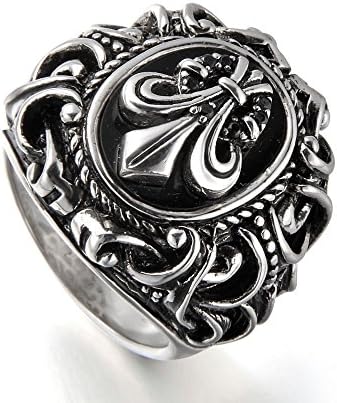Morsca Sterling Silver Natural Black Onyx Mens Ring with Vintage Knight Fleur De Lis Pattern, Sizes 7-14