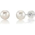 THE PEARL SOURCE Round White Freshwater Real Pearl Earrings for Women - 14k Gold Stud Earrings | Hypoallergenic Earrings with Genuine Cultured Pearls, Pearl Gifts for Anniversary