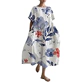 Akivide Women's Casual Cotton Crewneck Boho Floral Maxi Dress Plus Size Short Sleeve Flowy Summer Dresses for Women 2025