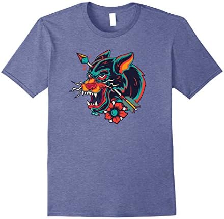 Mens Traditional Japanese Tattoo TShirt - Oldschool Panther Tee 2XL Heather Blue