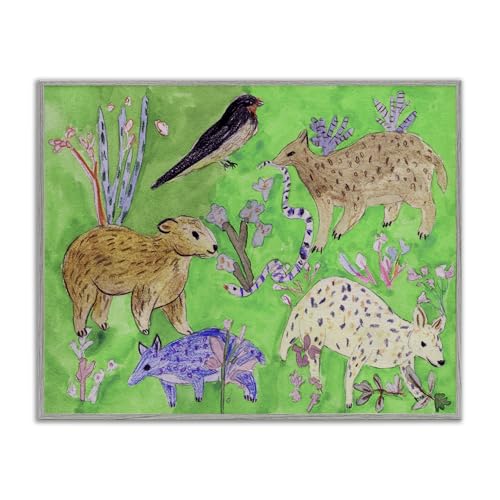 Stupell Industries Quirky Meadow Animals Gray Framed Giclee Art design by Melis…