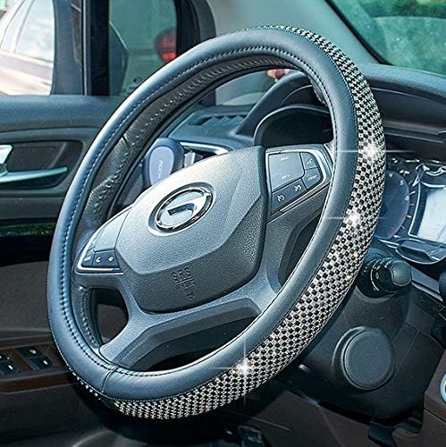 UR URLIFEHALL Leather Steering Wheel Cover Crystal Bling Bling Rhinestones Non-slip Women Steering wheel Protector Available Car Steering Wheel Cover (Black)