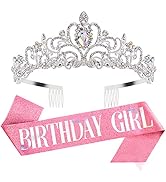 Birthday Girl Sash & Rhinestone Tiara Kit, Didder Pink Birthday Sash and Tiara for Women Set, Bir...