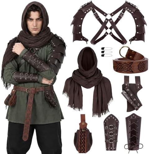 Set De Accesorios Para Disfraz De Caballero Medieval – 7 Piezas: Cinturón, Chal, Brazaletes Y Bolsa, Para Halloween Y Renacimiento