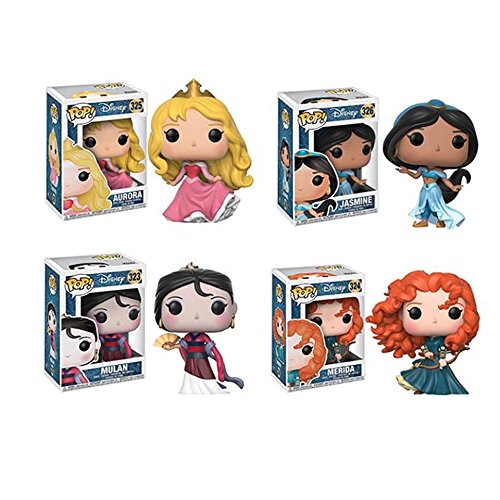 Funko Pop Disney Princess W2 - Sleeping Beauty Aurora, Brave Merida, Mulan, Aladdin Jasmine Vinyl Figures - Set of 4 and Keychain