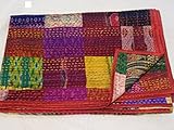 Tribal Asian Textiles Indian Quilt -Twin Vintage Quilt Old Patola Indian Silk Sari Kantha Quilted Patchwork Bedspread Bohemian Kantha Throws, Gudari Handmade