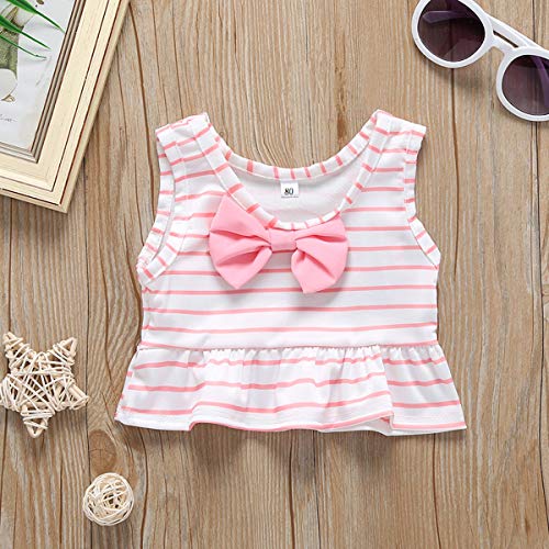 Baby Girl Bikini Striped Beach Swimsuit Ruffles Bathing Suit Adjustable Swimwear 2 Pcs Set (9-12 Months, Pink) - Thumbnail 4
