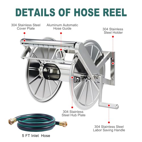 Stainless Steel Garden Hose Reel Heavy Duty, Wall Mount Water Hose Holder, 150 Feet of 5/8 Inch Hoses Capacity, Hose Reels with 5 ft Inlet Hose for Outside, Lawn, Yard, Garage