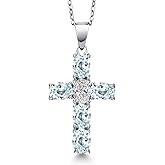 Gem Stone King 925 Sterling Silver Sky Blue Aquamarine and Lab Grown Diamond Cross Pendant Necklace for Women | 2.90 Cttw | Gemstone March Birthstone | Oval 6X4MM | With 18 Inch Chain