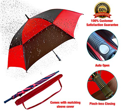 Procella Golf Umbrella Windproof Waterproof - 62 Inch Large Automatic Open Rain & Wind Resistant Vented Double Canopy - Best Golf-Sized Stick Umbrellas for Men and Women (Red/Black) - Thumbnail 5
