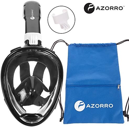 Snorkel Mask With GoPro Mount By Azorro - Full Face Snorkeling Mask With Anti-Fog/Anti-Leak Technology With Ventilation Tube- Award Winning 180 Degrees Viewing Area Black, S/M