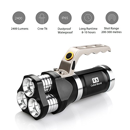 Rechargeable LED Searchlight Tactical Flashlight CREE T6 Spotlight 2400 Lumens IP65 Waterproof Handheld Floodlight For Camping, Hiking and Emergencies Including Battery Wall Charger (Black)